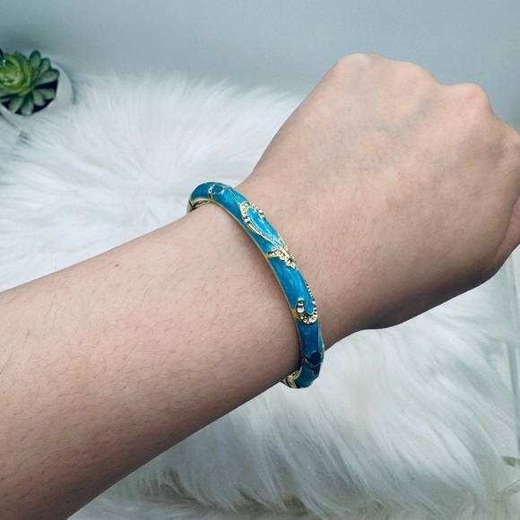 Flower Enamel Cloisonne Bracelet Bangle in Blue Style 2 - Picture 3 of 5